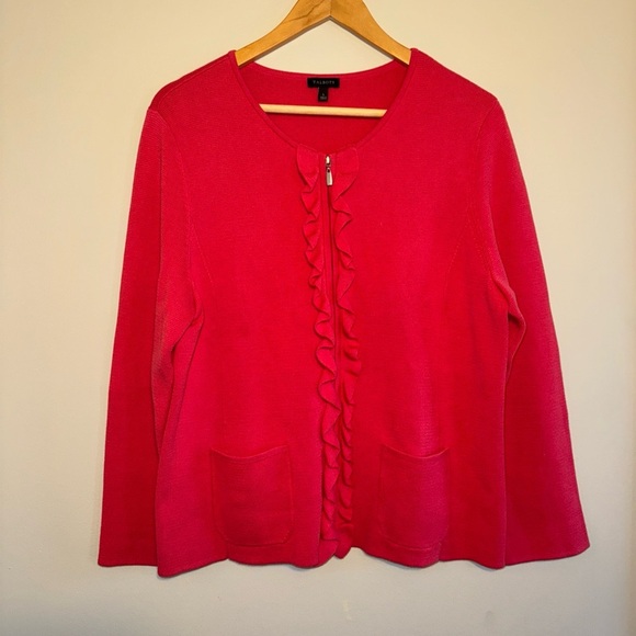 Talbots Hibiscus Pink Cotton Blend Ruffle Front Zip Up Cardigan Sweater Womens L - Picture 1 of 7